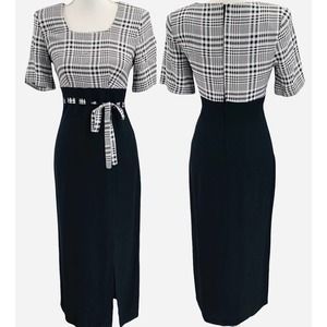 UBU Vintage 90’s Womens Size 3/4 Check Contrast Sheath Belted Maxi Dress